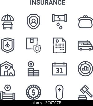 Satz von 16 Vektor-Linien-Symbolen für Versicherungskonzepte. 64x64 dünne Schlaganfall-Symbole wie Schild, Flugzeug, Krankenwagen, Kalender, Geld, Gerechtigkeit, Sarg, Versicherung, Stock Vektor
