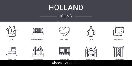 holland Concept Line Icons Set. Enthält Icons, die für Web, Logo, ui/ux wie bloemenmarkt, Tulpe, Tompouce, Hausboot, ridderzaal, amsterdam, sp Stock Vektor