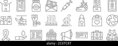 Charity Linie Symbole. Lineare Set. Qualität Vektor-Linie Set wie Weste, Scheck, Lunchroom, Charity, Geldbox, Faust, Transfer, Impfstoff, Charity Stock Vektor