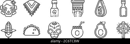 12 Satz von linearen mexiko-Symbole. Dünne Umrisse Symbole wie Kreuz, Mate, Taco, Papaya, Chili-Sauce, Poncho für Web, mobile Stock Vektor