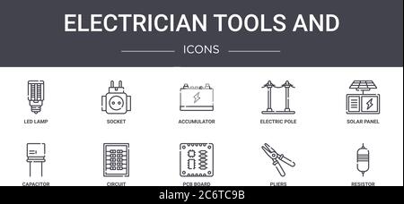 Elektriker Werkzeuge und Konzept Linie Symbole Satz. Enthält Symbole für Web, Logo, ui/ux wie Buchse, Strommast, Kondensator, leiterplatte, Zange, Stock Vektor