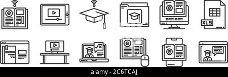 12 Satz von linearen elearning-Symbole. Dünne Umrisssymbole wie Graduierung, elearning, Monitor, elearning, Mortarboard, Video-Player für Web, mobile Stock Vektor