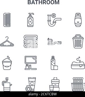Set von 16 Badezimmer Konzept Vektor-Linie Symbole. 64x64 dünne Striche Symbole wie Flüssigseife, Kleiderbügel, bin, Spray, Creme, Wattestäbchen, Mundwasser, Zahnbürste Stock Vektor