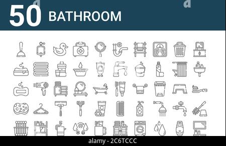 Set von 50 Bad-Icons. Skizzieren dünne Linie Symbole wie Spiegel, Wattestäbchen, Schwamm, Seife, Seife, Urinal, Zahnpflege Stock Vektor