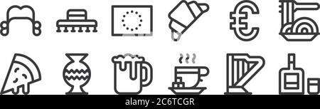 12 Satz von linearen europa-Icons. Dünne Umrisse Symbole wie Whiskey, Tee-Tasse, Vase, Euro, europäische Union, spanischer Hut für Web, mobile Stock Vektor