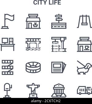 Set von 16 City Life Konzept Vektor-Linien-Symbole. 64x64 dünne Strich Symbole wie Geschäft, Büro, Café, Zeitung, , Müllwagen, Bank, konstruieren Stock Vektor