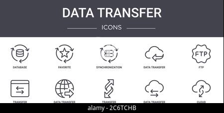 Datentransfer-Konzept-Linie Symbole gesetzt. Enthält Symbole für Web, Logo, ui/ux wie Favorit, Datenübertragung, Übertragung, Data Cloud, ftp, synchron Stock Vektor