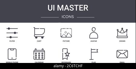 ui Master Concept Line Icons Set. Enthält Symbole für Web, Logo, ui/ux wie Warenkorb, Avatar, Handy, Lesezeichen, Flagge, E-Mail, Krone, Bild Stock Vektor