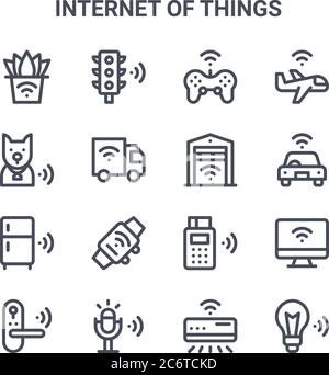 Set von 16 Internet der Dinge Konzept Vektor-Linie Symbole. 64x64 dünne Striche Symbole wie Verkehr, Tracker, Smart Car, edc, Mikrofon, Smart Light, Luft Stock Vektor