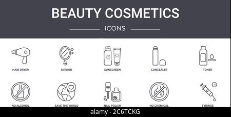 Beauty Kosmetik Konzept Linie Icons Set. Enthält Symbole für Web, Logo, ui/ux wie Spiegel, Concealer, kein Alkohol, Nagellack, keine Chemikalien, s Stock Vektor