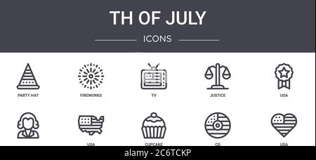 Juli Concept Line Icons Set. Enthält Icons für Web, Logo, ui/ux wie Feuerwerk, Gerechtigkeit, , Cupcake, cd, usa, tv Stock Vektor