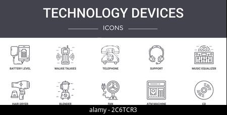 Technologie-Geräte Konzept Linie Symbole gesetzt. Enthält Symbole für Web, Logo, ui/ux wie Walkie Talkies, Unterstützung, Haartrockner, Ventilator, geldautomat, c Stock Vektor