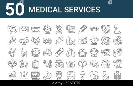 Set von 50 medizinischen Dienstleistungen Symbole. Skizzieren dünne Linie Symbole wie medizinische App, Pillen, Psychologie, Stethoskop, Mikroskop, Ultraschallgerät, Lunge Stock Vektor