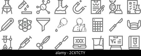 Laborlinien-Symbole. Lineares Set. Qualitäts-Vektor-Linienset wie Chemie, Becher, Skalpell, Labor, Skalpell, Filter, Checkliste, Magnet, Reagenzglas Stock Vektor