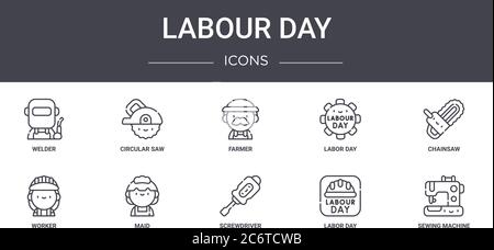 Labor Day Concept Line Icons Set. Enthält Symbole für Web, Logo, ui/ux wie Kreissäge, Labor Day, Arbeiter, Schraubendreher, Labor Day, Nähen Stock Vektor