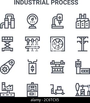 Satz von 16 Vektorlinien-Symbolen für industrielle Prozesskonzepte. 64x64 dünne Hub Symbole wie Messgerät, Scherenhub, Hochspannungsleitung, Kran, Pressenmaschine, Kürbisac Stock Vektor