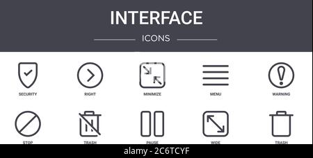Interface Concept Line Icons Set. Enthält Symbole für Web, Logo, ui/ux wie rechts, Menü, Stopp, Pause, breit, Papierkorb, Warnung, minimieren Stock Vektor