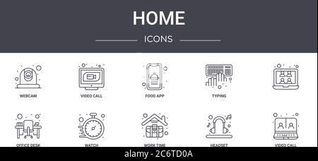 Home Konzept Linie Symbole gesetzt. Enthält Symbole für Web, Logo, ui / ux wie Videoanruf, Eingabe, Schreibtisch, Arbeitszeit, Headset, Videoanruf, , foo Stock Vektor
