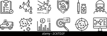 12 Satz von linearen infektiösen Pandemien Symbole. Dünne Umrisse Symbole wie medizinische Forschung, Informationen, Virus, Impfstoff, Handwäsche, infektiös für Web, Stock Vektor