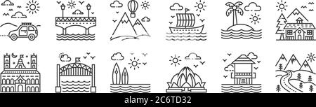 12 Satz von linearen Tourismus-Ikonen. Dünne Umrissikonen wie Straße, Lotustempel, Brücke, Insel, Heißluftballon, Brücke für Web, mobil Stock Vektor