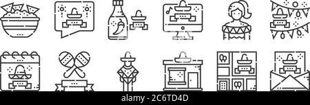 12 Satz von linearen cinco de Mayo-Icons. Dünne Umrisssymbole wie cinco de Mayo, Shop, Maracas, mexikanische Frau, Chili, cinco de Mayo für Web, mobile Stock Vektor