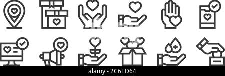 12 Satz von linearen Charity-Icons. Dünne Umrisse Symbole wie Spende, Spende, Megaphon, Nächstenliebe, Nächstenliebe, Geschenkbox für Web, Handy Stock Vektor