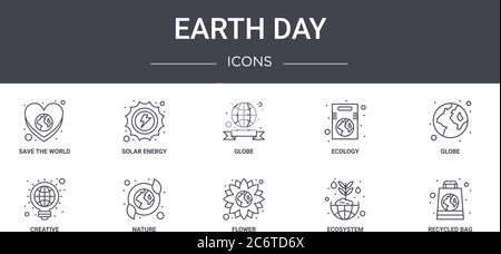 Earth Day Concept Line Icons Set. Enthält Symbole für Web, Logo, ui/ux wie Solarenergie, Ökologie, kreativ, Blume, Ökosystem, recycelte Tasche, Stock Vektor