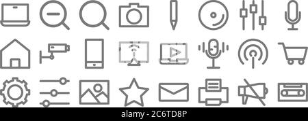 Multimedia-Linien-Symbole. Lineare Satz. Qualität Vektor-Linie Satz wie Kassette, Drucker, Stern, Getriebe, , Telefon, Stimme, Bleistift, Suche Stock Vektor