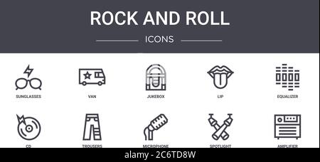 Rock and Roll Konzept Linie Symbole Set. Enthält Symbole für Web, Logo, ui / ux wie van, Lippe, cd, Mikrofon, Spotlight, Verstärker, Equalizer, ju Stock Vektor