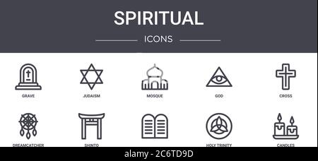 Spirituelle Konzept Linie Symbole Set. Enthält Symbole für Web, Logo, ui / ux wie judentum, gott, Traumfänger, , Heilige dreifaltigkeit, Kerzen, Kreuz, Moschee Stock Vektor