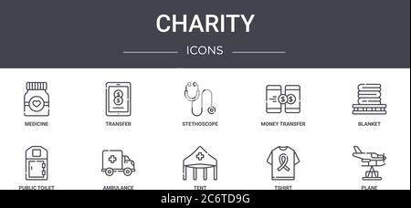 Charity Konzept Linie Symbole Set. Enthält Symbole für Web, Logo, ui / ux wie Transfer, Geldtransfer, öffentliche Toilette, Zelt, T-Shirt, Flugzeug, leer Stock Vektor