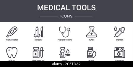 Medizinische Werkzeuge Konzept Linie Symbole Set. Enthält Symbole für Web, Logo, ui / ux wie Chirurgie, Kolben, Zahnarzt, Sirup, Kräuter, Dokument, Pipette, ph Stock Vektor