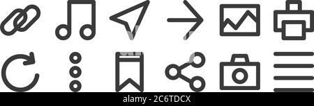 12 Satz von linearen Benutzeroberfläche Symbole. Dünne Umrisssymbole wie ausrichten Mitte, teilen, mehr, Galerie, Navigation, Musik für Web, mobile Stock Vektor