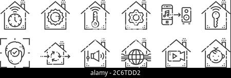 12 Satz von linearen smarthome-Symbole. Dünne Umrisssymbole wie Schutz, smarthome, Belüftung, Musiksteuerung, Temperaturregelung, Lichtsteuerung für Stock Vektor