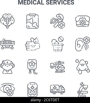 Satz von 16 medizinischen Dienstleistungen Konzept Vektor-Linien-Symbole. 64x64 dünne Schlaganfall-Symbole wie Radiographie, Krankenhausbett, Höruntersuchung, Hubschrauber, medizinische App Stock Vektor