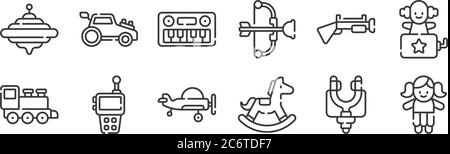 12 Satz von linearen Kinder Spielzeug Symbole. Dünne Umrisse Symbole wie Puppe, Schaukelpferd, Walkie Talkie, Pistole, Tastatur, Auto Spielzeug für Web, Handy Stock Vektor