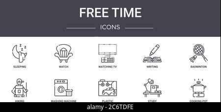 Freie Zeit Konzept Linie Symbole gesetzt. Enthält Symbole für Web, Logo, ui/ux wie Uhr, Schreiben, Wandern, Kunststoff, Studie, Kochtopf, Badminton, w Stock Vektor