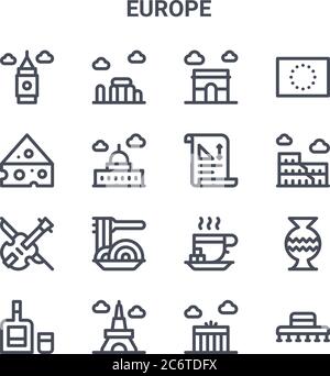 Satz von 16 europa Konzept Vektorlinien-Symbolen. 64x64 dünne Striche Symbole wie stonehenge, Käse, kolosseum, Teetasse, eiffelturm, spanischer Hut, brandenb Stock Vektor