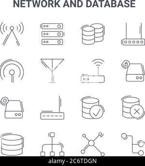 Satz von 16 Netzwerk- und Datenbankkonzept-Vektorlinien-Symbolen. 64x64 Thin stroke Symbole wie Server, Festplatte, Datenbank, Verbindung, Verbindung, netwo Stock Vektor