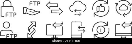 12 Satz von linearen Datentransfer-Icons. Dünne Umrisssymbole wie Übertragung, Übertragung, Übertragung, gutes Feedback, ftp für Web, mobil Stock Vektor