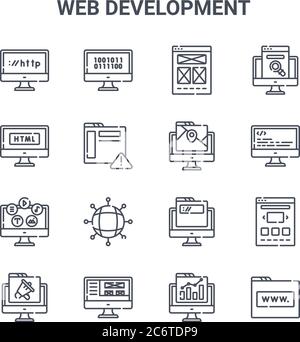 Satz von 16 Web-Entwicklung Konzept Vektor-Linien-Symbole. 64x64 Thin Stroke Symbole wie binär, HTML, Codierung, Domäne, Frontend, Website, Analyse, Karte, Stock Vektor