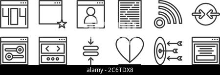 12 Satz von linearen Benutzeroberfläche Symbole. Dünne Umrisssymbole wie Layout, wie, Browser, WiFi, Benutzer, Favorit für Web, mobile Stock Vektor
