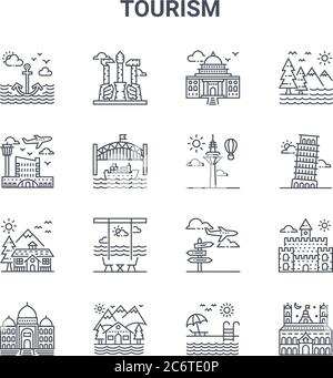 Set von 16 Tourismus Konzept Vektor-Linie Symbole. 64x64 dünne Strich Symbole wie Nordkorea, Flughafen, pisa Turm, Reise, Haus, Schloss, Schwimmbad, ho Stock Vektor