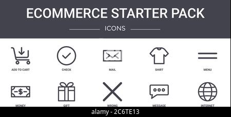 ecommerce Starter Pack Concept Line Icons Set. Enthält Icons für Web, Logo, ui/ux wie Scheck, Shirt, Geld, falsch, Nachricht, Internet, Menü, Stock Vektor