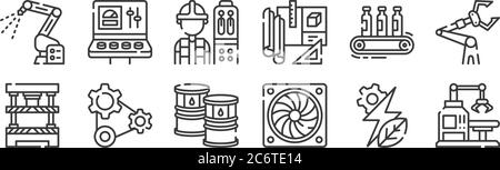 12 Satz von linearen industriellen Prozess-Symbole. Dünne Umrisssymbole wie Roboterarm, Turbine, Zahnräder, Förderer, Bediener, Bedienfeld für Web, mobi Stock Vektor
