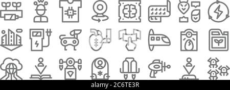 Technologie der Zukunft Linie Symbole. Lineare Menge. Qualität Vektor-Linie Satz wie Nanorobots, Blaster, Teleportation, Internet der Dinge, Ei Inkubator Stock Vektor