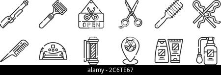 12 Satz von linearen Friseur-und Friseur-Shop-Icons. Dünne Umrisse Symbole wie Parfüm, Standort, Nageltrockner, Pinsel, offen, Rasierer für Web, mobil Stock Vektor