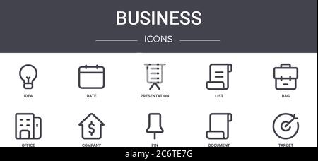 Business Concept Line Icons Set. Enthält Symbole für Web, Logo, ui/ux wie Datum, Liste, Büro, Pin, Dokument, Ziel, Tasche, Präsentation Stock Vektor