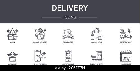 Lieferkonzept Liniensymbole Set. Enthält Symbole für Web, Logo, ui/ux wie Drohnenlieferung, Smartphone, Flugzeug, Smartphone, Warenkorb, w Stock Vektor