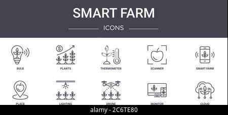 Smart Farm Konzept Linie Symbole Set. Enthält Symbole für Web, Logo, ui/ux wie Pflanzen, Scanner, Ort, Drohne, Monitor, Cloud, Smart Farm, Therm Stock Vektor